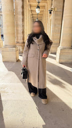 Manteau Soraya - Laine Taupe avec écharpe fait à la main