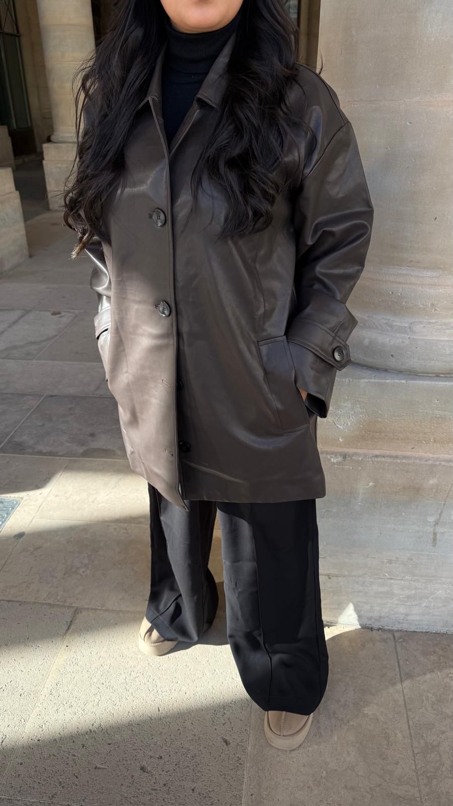 Veste similicuir mi-longue - Choco